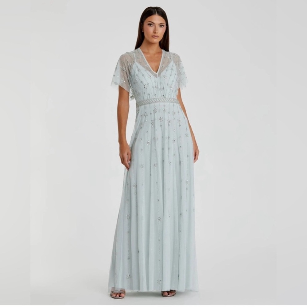 Mac Duggal Ice Blue Beaded V-Neck Maxi Dress - Picture 8 of 9